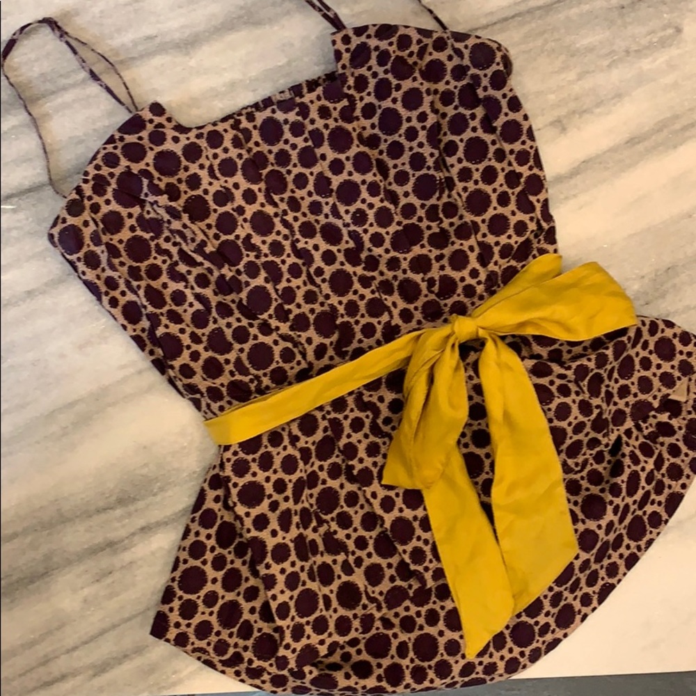 Anthropologie Brown and Mustard Printed Tie-Waist Cami with Bow